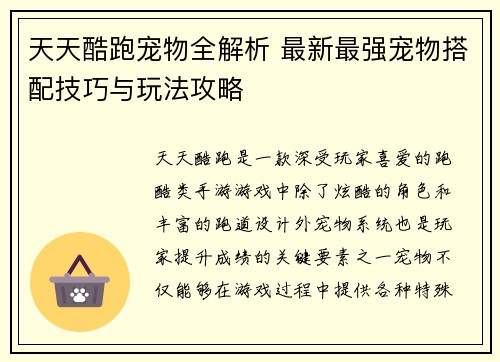 天天酷跑宠物全解析 最新最强宠物搭配技巧与玩法攻略