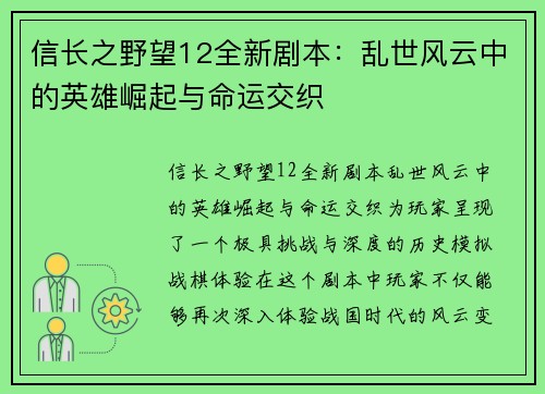 信长之野望12全新剧本：乱世风云中的英雄崛起与命运交织